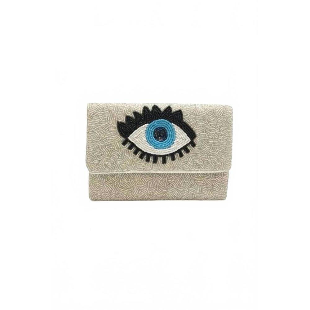 NEW GOLDEN STELLA evil eye beaded mini clutch in white